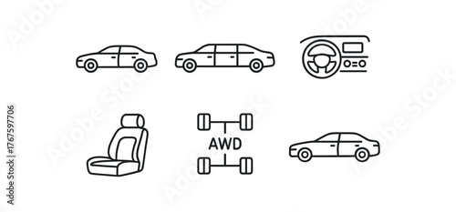 simple outline stroke icon isolated on white background executive class four door full size premium sedan long wheelbase limousine model high tech infotainment interior leather trim cabin