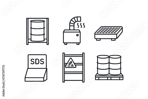 simple outline stroke icon isolated on white background chemical drum rack fume extraction unit spill containment pallet SDS document station corrosion resistant shelving palletized