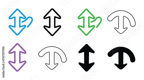 Set of eight resize arrow icons simple outline and solid black arrows pointing up and down