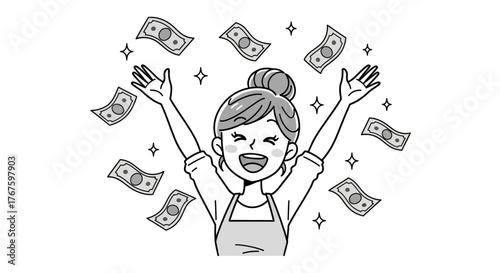 Happy Woman Winning Money: Financial Success & Wealth Illustration