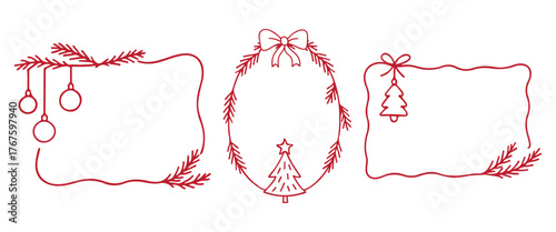 Christmas frames with pine branches, ornaments and bows in elegant hand drawn style. Simple red vector illustration in doodle style.
