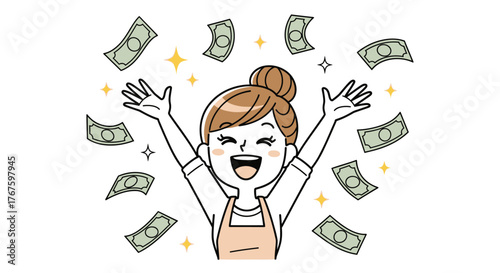 Happy Woman Winning Money: Financial Success & Wealth Illustration