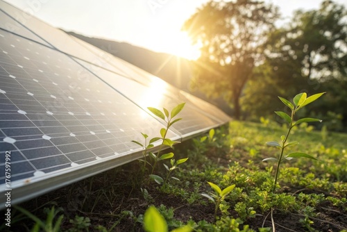 Solar panel with sunlight reflecting on grass and small green plants