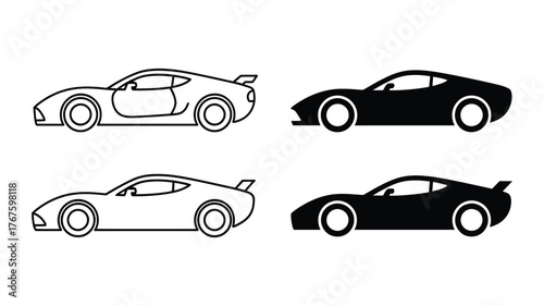 Collection of sport car icons, showcasing sleek design and speed in both outline and solid black versions