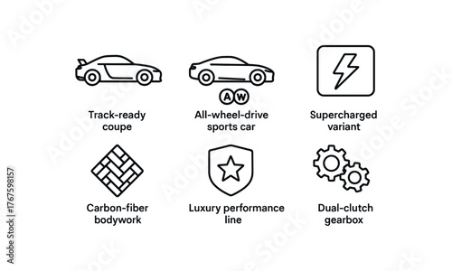 simple outline stroke icon isolated on white background track ready coupe all wheel drive sports supercharged variant carbon fiber bodywork luxury performance line dual clutch gearbox