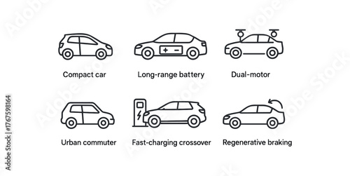 simple outline stroke icon isolated on white background compact EV hatch long range battery sedan dual motor AWD EV urban commuter EV fast charging crossover regenerative braking model