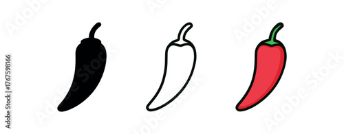 pepper chili pod icon on white background Black silhouette flat icon outline icon and colored icon style. three minimal vector icon style