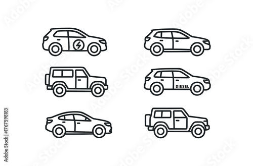 simple outline stroke icon isolated on white background electric SUV urban crossover model rugged 4x4 SUV diesel powered SUV sport performance SUV high clearance trail SUV