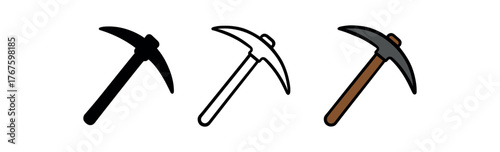 pickaxe mining tool icon on white background Black silhouette flat icon outline icon and colored icon style. three minimal vector icon style