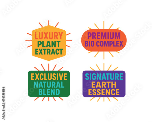 colorful label set with bold modern typography and starburst rays flat vector illustration style isolated on white background effects containing phrases like Luxury Plant Extract Premium