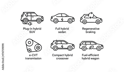 simple outline stroke icon isolated on white background plug hybrid SUV full hybrid sedan regenerative braking hatchback CVT transmission model compact hybrid crossover fuel efficient