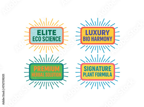colorful label set with bold modern typography and starburst rays flat vector illustration style isolated on white background effects containing phrases like Elite Eco Science Luxury Bio