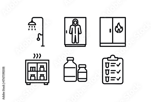 simple outline stroke icon isolated on white background safety shower station hazmat suit locker flammable storage cabinet ventilated storage bay sealed reagent containers chemical