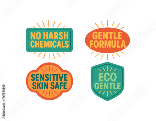 colorful vintage badge label set with bold retro typography and starburst rays flat vector illustration style isolated on white background effects containing phrases like No Harsh Chemicals