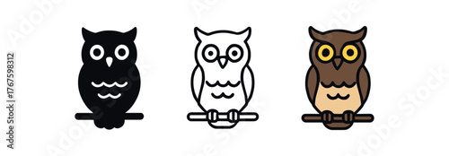 owl perched bird icon on white background Black silhouette flat icon outline icon and colored icon style. three minimal vector icon style