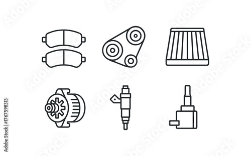 simple outline stroke icon isolated on white background brake pads set timing belt kits air filters rack alternator units fuel injectors bin ignition coil stock