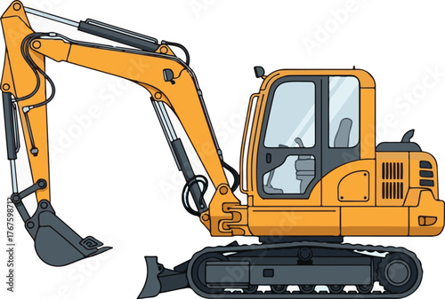 Yellow Crawler Excavator Vector Illustration. Heavy Construction Machinery for Digging and Earthmoving Projects, Isolated on White Background