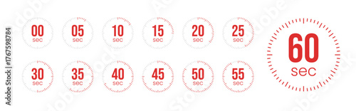 Second Timer, clock, stopwatch, Countdown timer, cooking time icon set. 0, 5, 10, 15, 20, 25, 30, 35, 40, 45, 50, 55, 60 second dial. Red color isolated set, symbol. Vector illustration