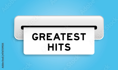 White coupon banner with word greatest hits from machine on blue color background
