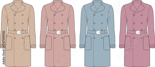 Fashion illustration showcasing a collection of classic double-breasted trench coats in diverse colors, ideal for design concepts and seasonal wardrobe planning