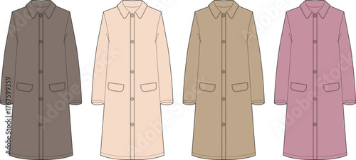 Set of women's long car coat fashion flat technical drawing templates in various color palettes. Vector illustration for apparel design and clothing mockups
