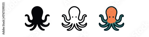 octopus sea arms icon on white background Black silhouette flat icon outline icon and colored icon style. three minimal vector icon style