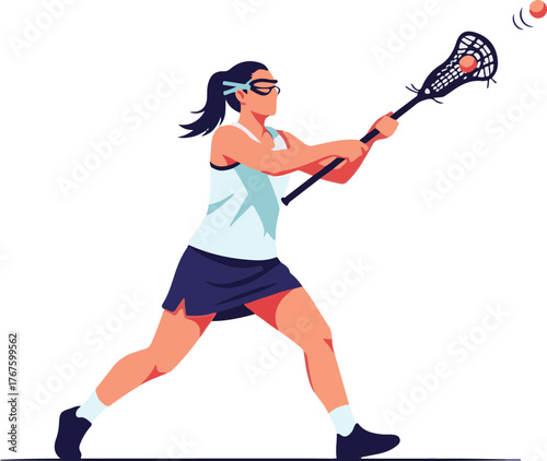 Female Lacrosse Player in Action with Stick and Ball, Dynamic Sport Illustration
