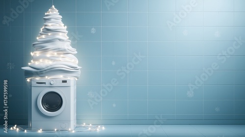 Washing machine topped with a creative stack of folded white laundry shaped like a Christmas tree, illuminated with soft festive lights inside of the bathroom