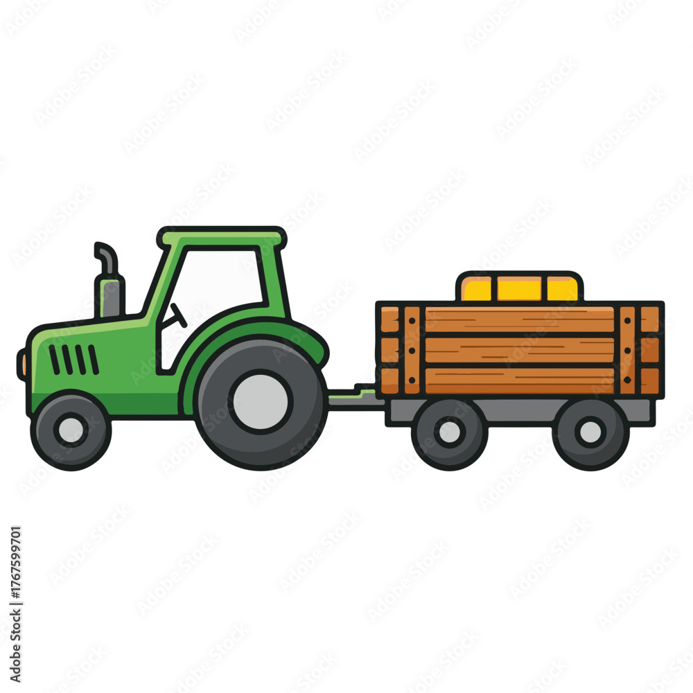 Fototapeta premium Cartoon Green Tractor with Wooden Trailer Illustration