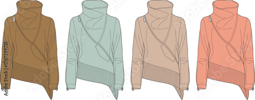 Contemporary vector fashion illustration of women's asymmetrical tunic tops with distinctive cowl necks and zipper details, presented in a palette of modern colors for stylish apparel design concepts