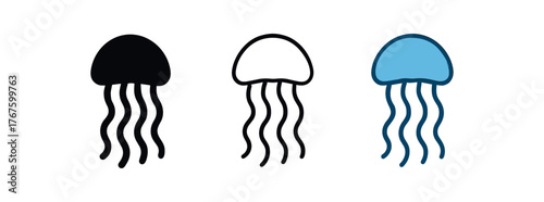 jellyfish sea tentacle icon on white background Black silhouette flat icon outline icon and colored icon style. three minimal vector icon style