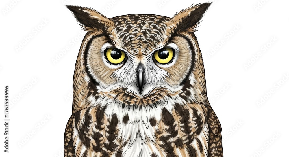 Obraz premium Detailed Illustration of a Majestic Owl with Striking Yellow Eyes
