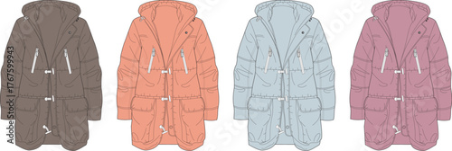 Flat technical fashion sketch of women's hooded parka jacket with adjustable waist, pockets. Design concept showing brown, coral, blue, pink colors for apparel collection development