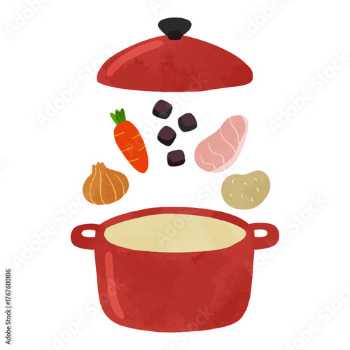 赤い鍋とカレーの材料　水彩風手描きベクターイラスト