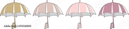 A set of four elegant striped umbrellas in a palette of warm pastel colors. Vector illustration of classic rain accessories isolated on a white background