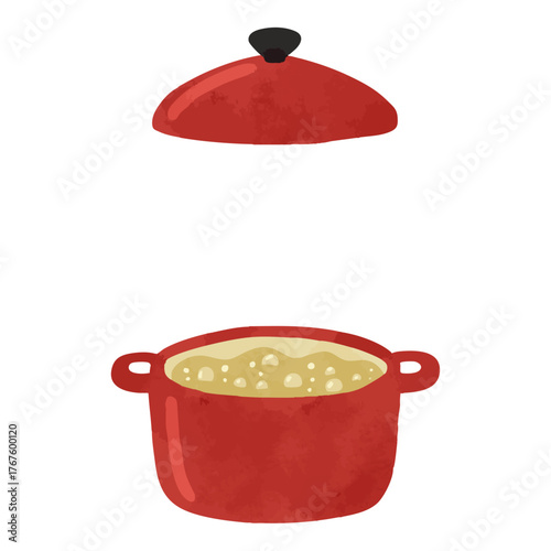 赤い鍋と沸騰したお湯　水彩風手描きベクターイラスト