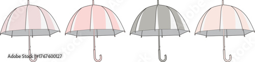 Four stylized umbrellas lined up in a row, presented in a muted color palette of pink and gray