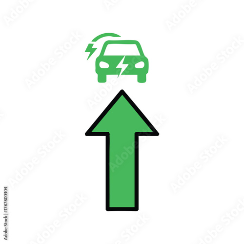 Green icon of an electric car with lightning bolts and an upd arrow.