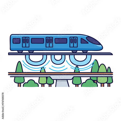 A futuristic blue train on an elevated track above trees.