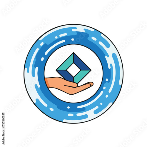 A hand holding a geometric diamond shape within a blue circle.