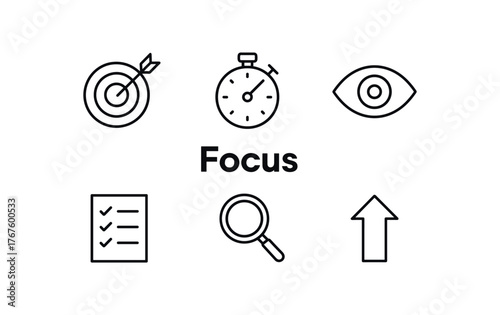 outline vector icon 6 isolated on white background minimal black monochrome style flat vector icon illustration central bold title text Focus surrounding icons: arrow stopwatch eye