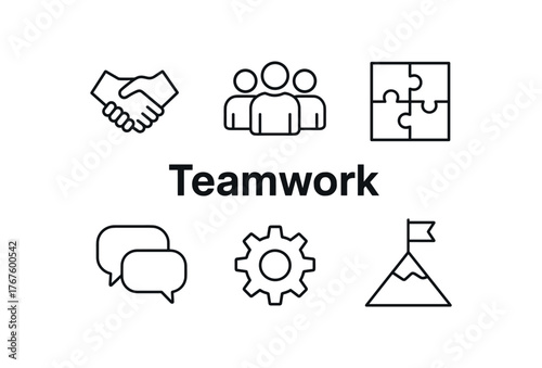 outline vector icon 6 isolated on white background minimal black monochrome style flat vector icon illustration central bold title text Teamwork surrounding icons: handshake group of people