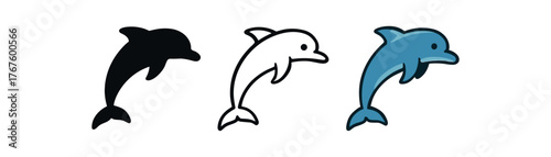 dolphin jumping fin icon on white background Black silhouette flat icon outline icon and colored icon style. three minimal vector icon style
