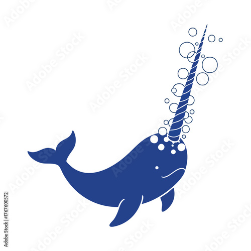 A blue cartoon narwhal with a spiraled horn and bubbles.
