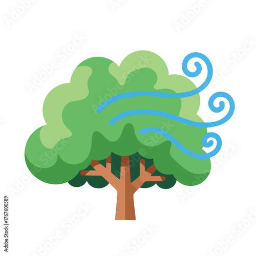 A stylized of a green tree with wind blowing through its leaves.