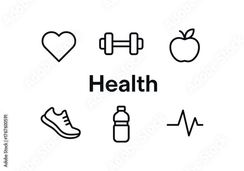 outline vector icon 6 isolated on white background minimal black monochrome style flat vector icon illustration central bold title text Health surrounding icons: heart dumbbell heartbeat