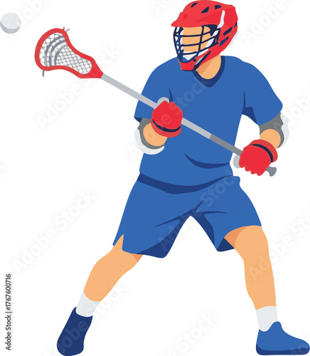 Male Lacrosse Player in Action with Stick and Ball, Flat Design Illustration of an Athlete in Blue Uniform
