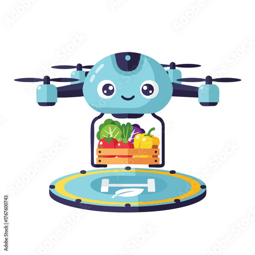 A drone delivering a basket of fresh vegetables.