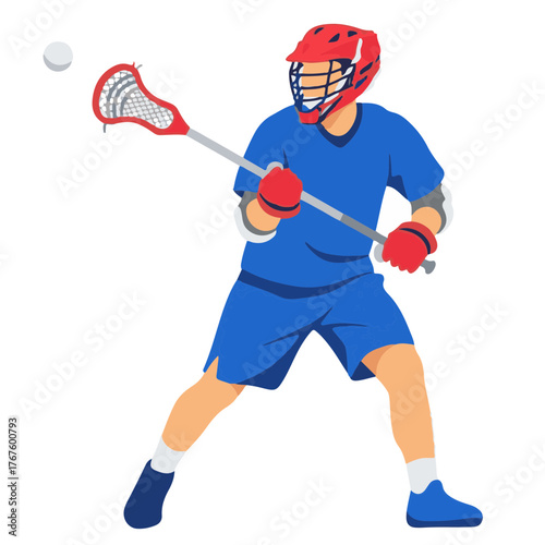Lacrosse player in action, holding stick and ball. Male athlete in blue uniform and red helmet. Flat vector sports illustration.