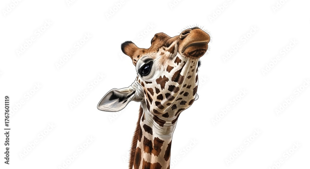 Obraz premium Detailed Illustration of a Giraffes Head Looking Upwards on a White Background